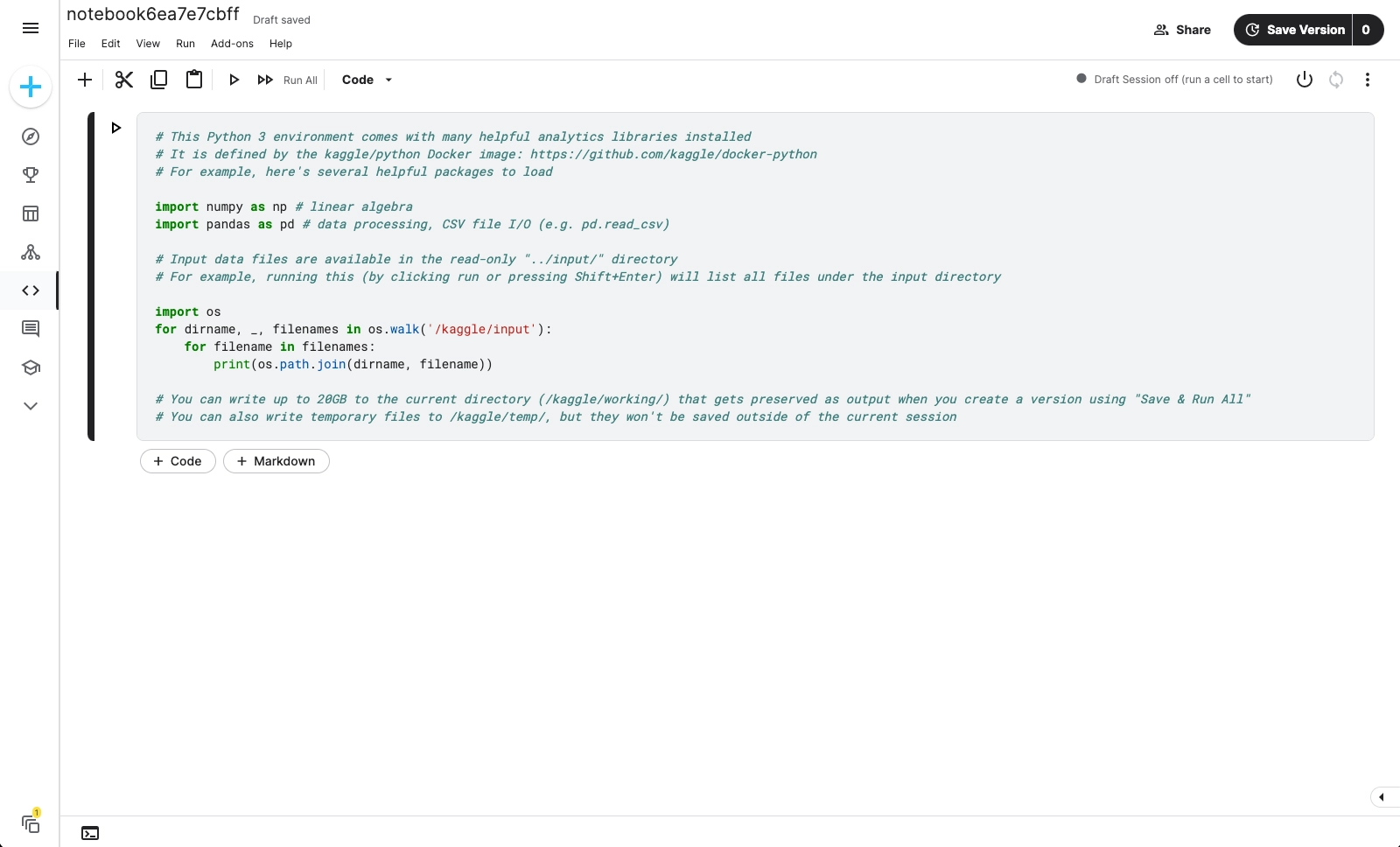 A blank new Kaggle notebook without any code in it